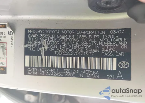 2007 Toyota Corolla Le из США, поврежденный, VIN JTDBR32E270131997